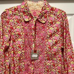 ROBERT GRAHAM Women's BLOOM Button Down Shirt, 3/4 Sleeves - Size M - Pink